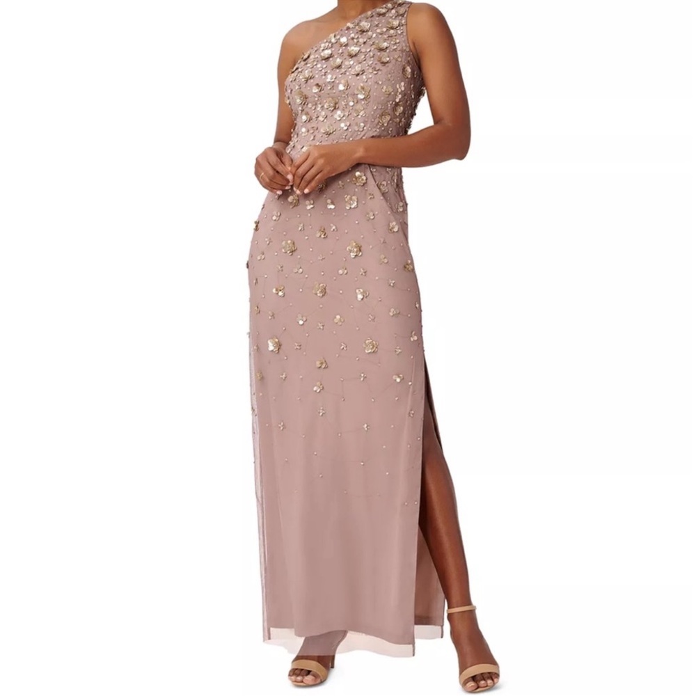 Adrianna Papell One-Shoulder Dress in Tan with Gold Beaded Flower Accents